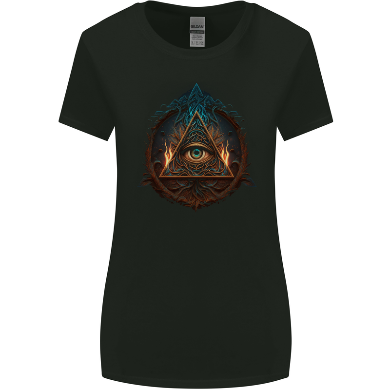 Illuminati Eye With Flames Conspiracy Fantasy Womens Wider Cut T-Shirt Black