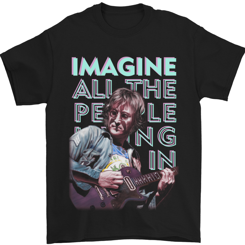 Imagine World Peace Music Guitar Hippy Mens T-Shirt Cotton Gildan Black
