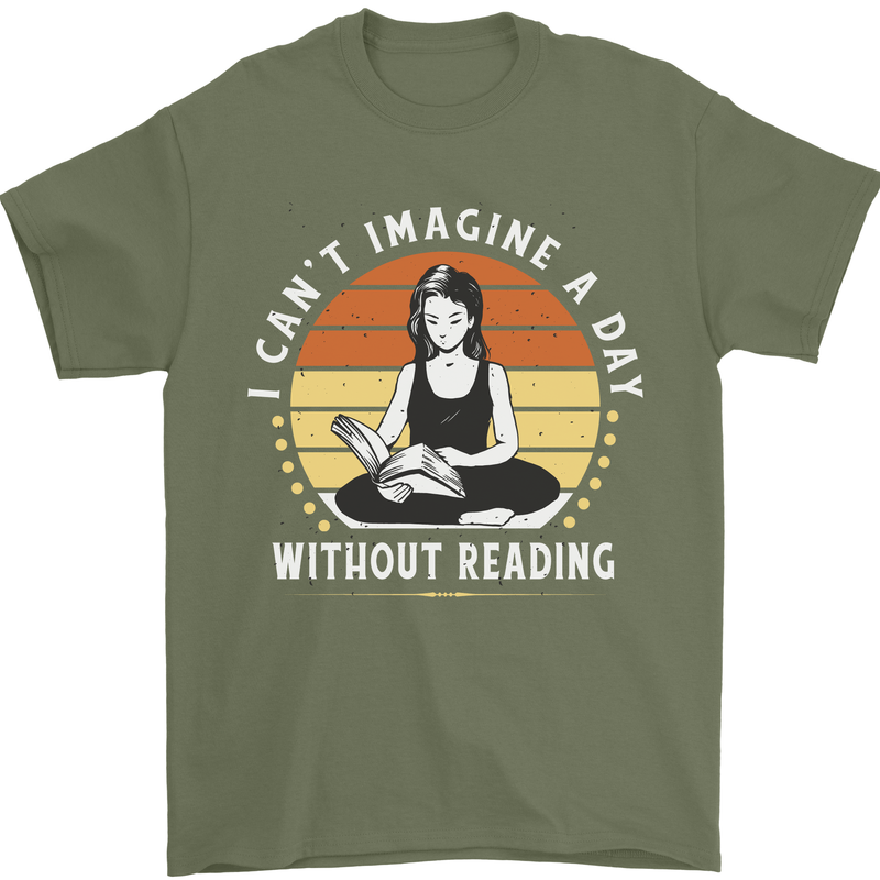 Imagine a Day Without Reading Bookworm Mens T-Shirt 100% Cotton Military Green