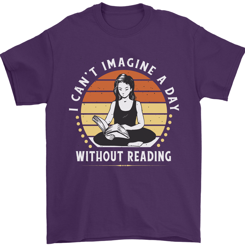 Imagine a Day Without Reading Bookworm Mens T-Shirt 100% Cotton Purple