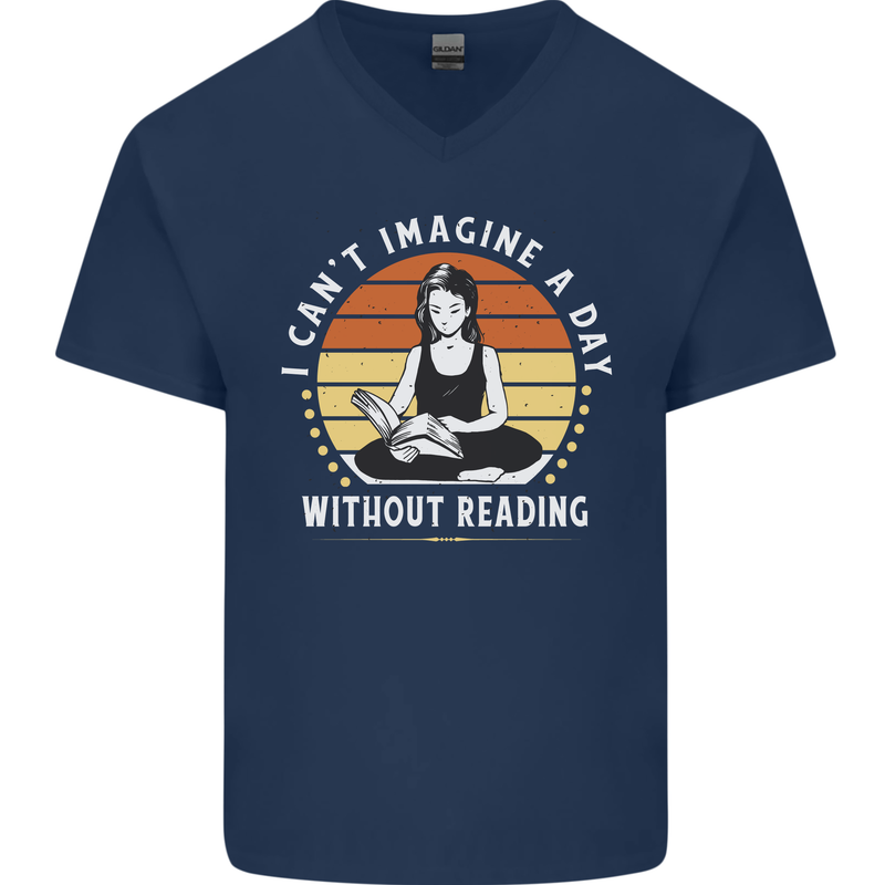 Imagine a Day Without Reading Bookworm Mens V-Neck Cotton T-Shirt Navy Blue