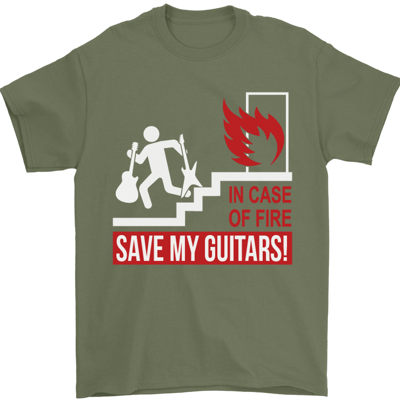 In Case of Emergency Save My Guitars Mens T-Shirt Cotton Gildan Military Green