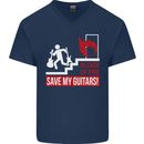 In Case of Emergency Save My Guitars Mens V-Neck Cotton T-Shirt Navy Blue