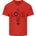 In Love With the Cross Christian Christ Mens V-Neck Cotton T-Shirt Red