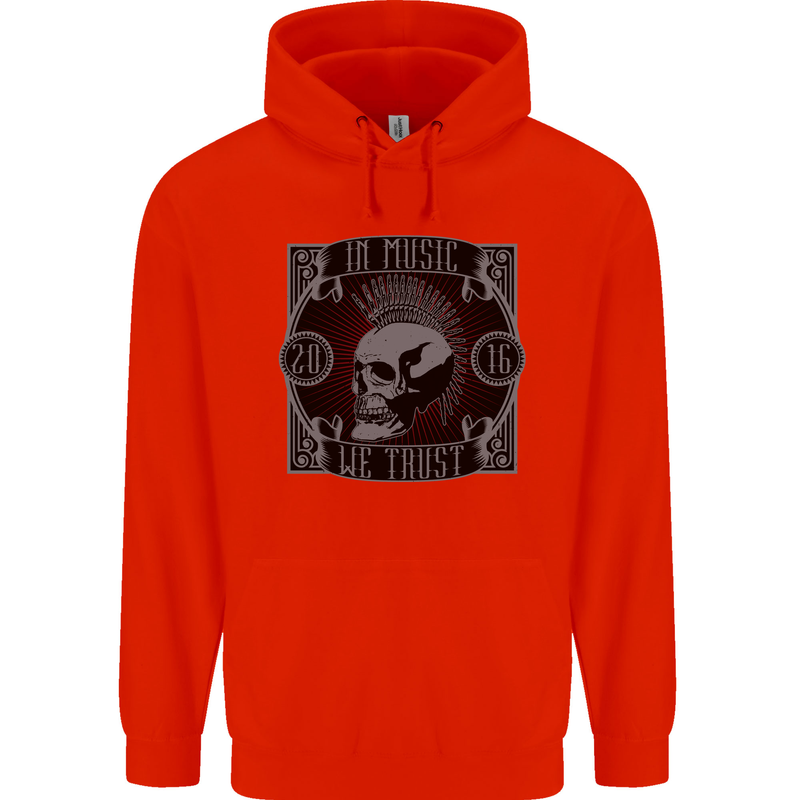 In Music We Trust Punk Rock Skull Childrens Kids Hoodie Bright Red