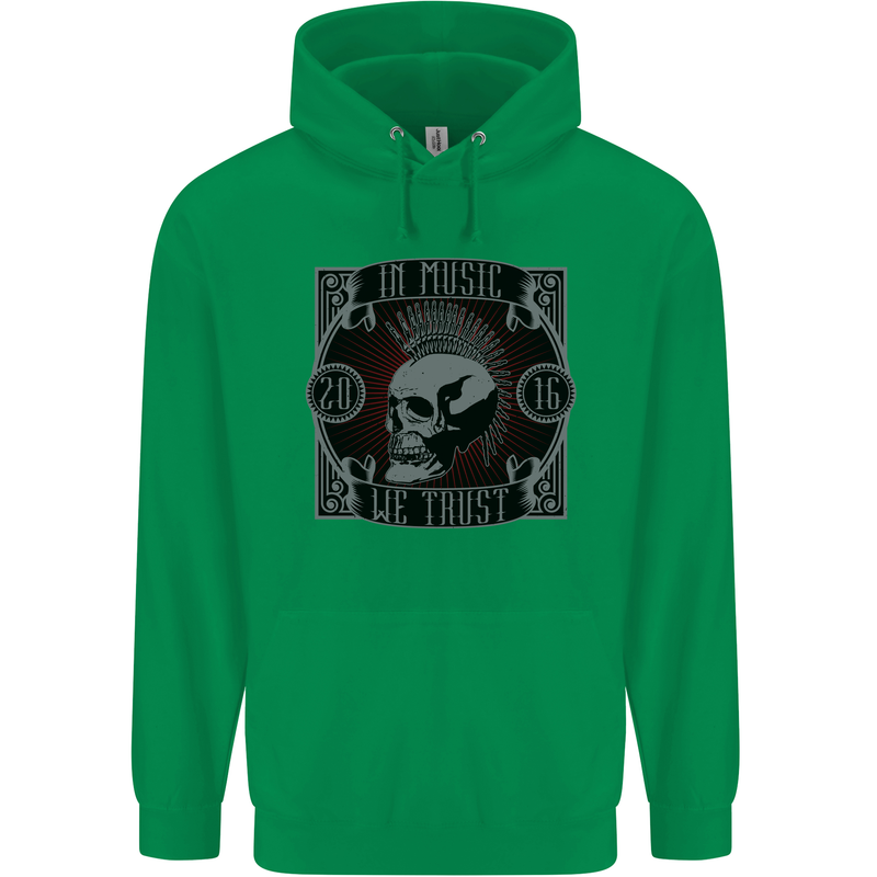 In Music We Trust Punk Rock Skull Childrens Kids Hoodie Irish Green