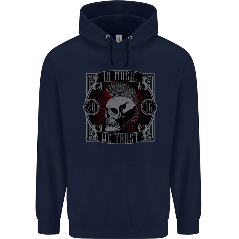In Music We Trust Punk Rock Skull Childrens Kids Hoodie Navy Blue