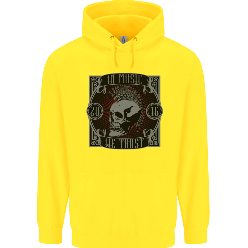 In Music We Trust Punk Rock Skull Childrens Kids Hoodie Yellow