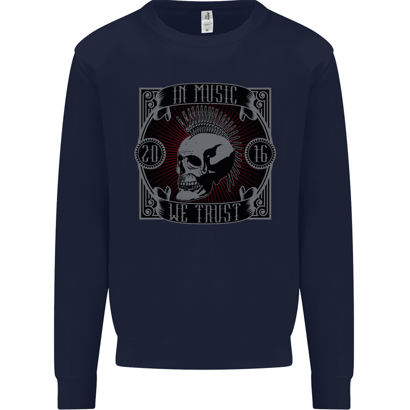 In Music We Trust Punk Rock Skull Kids Sweatshirt Jumper Navy Blue