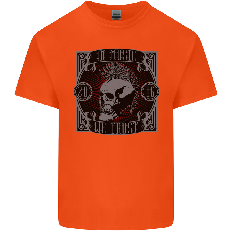 In Music We Trust Punk Rock Skull Kids T-Shirt Childrens Orange