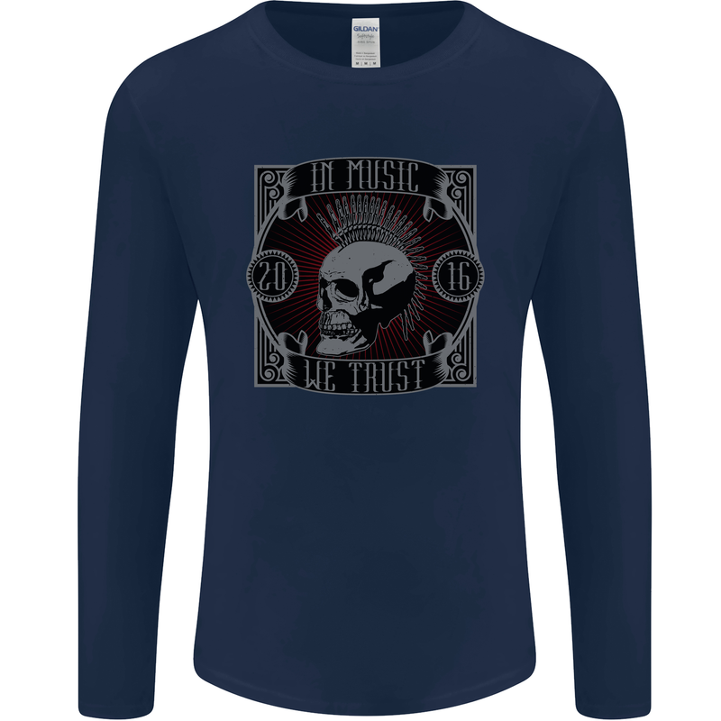 In Music We Trust Punk Rock Skull Mens Long Sleeve T-Shirt Navy Blue