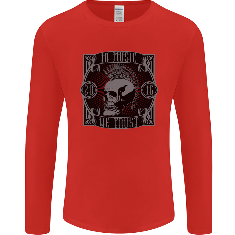 In Music We Trust Punk Rock Skull Mens Long Sleeve T-Shirt Red