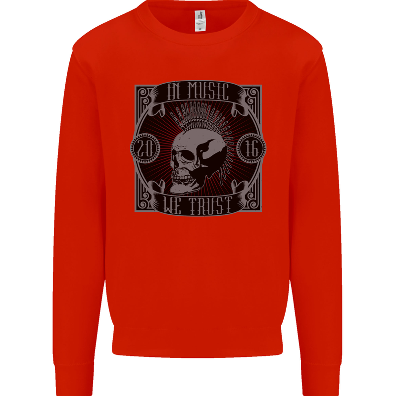 In Music We Trust Punk Rock Skull Mens Sweatshirt Jumper Bright Red