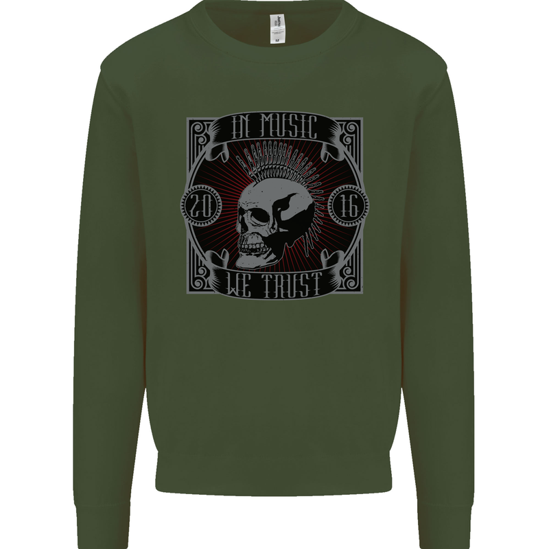 In Music We Trust Punk Rock Skull Mens Sweatshirt Jumper Forest Green
