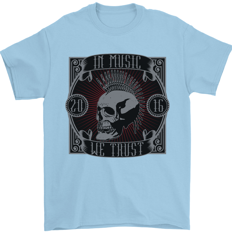 In Music We Trust Punk Rock Skull Mens T-Shirt 100% Cotton Light Blue