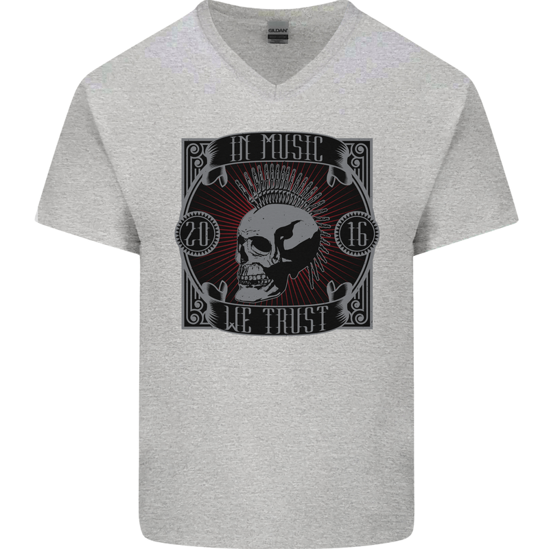 In Music We Trust Punk Rock Skull Mens V-Neck Cotton T-Shirt Sports Grey