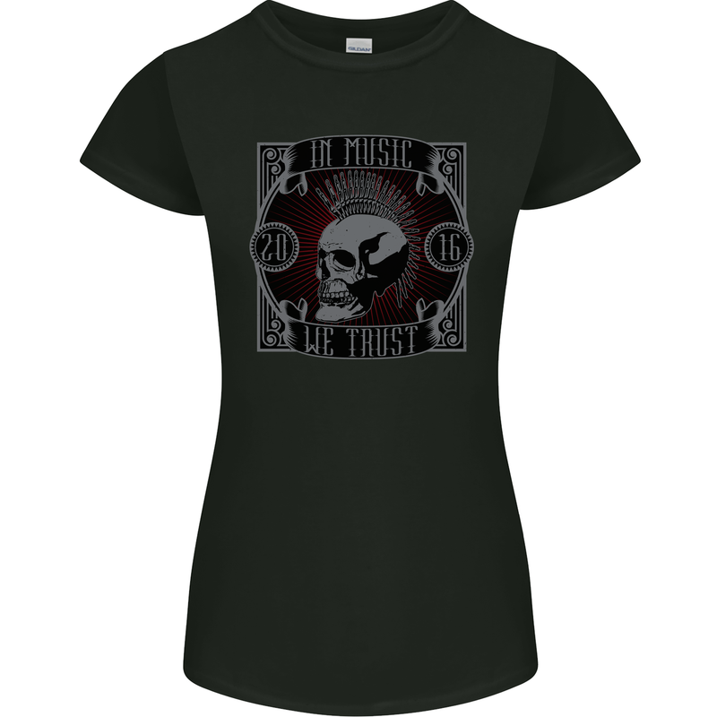 In Music We Trust Punk Rock Skull Womens Petite Cut T-Shirt Black