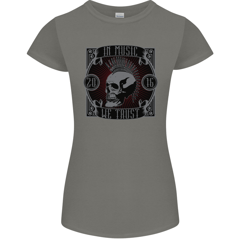 In Music We Trust Punk Rock Skull Womens Petite Cut T-Shirt Charcoal