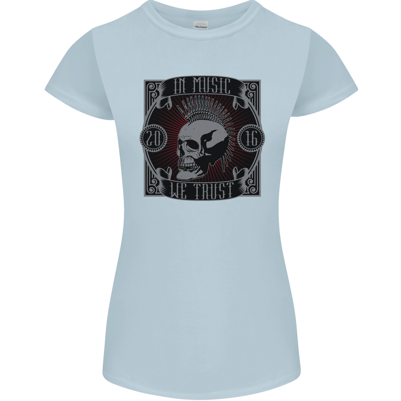 In Music We Trust Punk Rock Skull Womens Petite Cut T-Shirt Light Blue