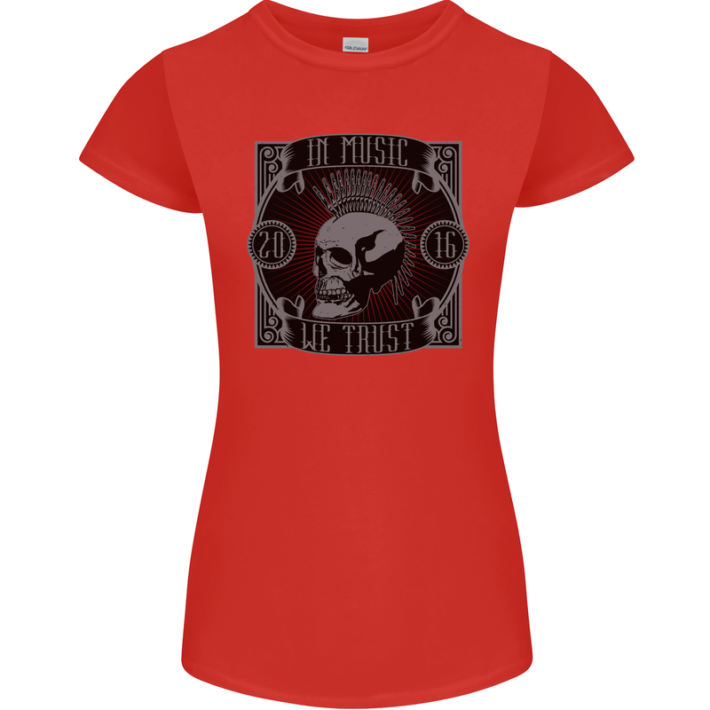 In Music We Trust Punk Rock Skull Womens Petite Cut T-Shirt Red