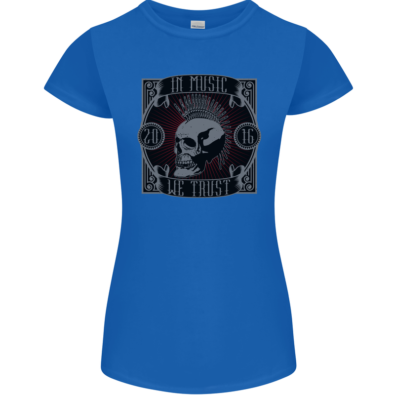 In Music We Trust Punk Rock Skull Womens Petite Cut T-Shirt Royal Blue