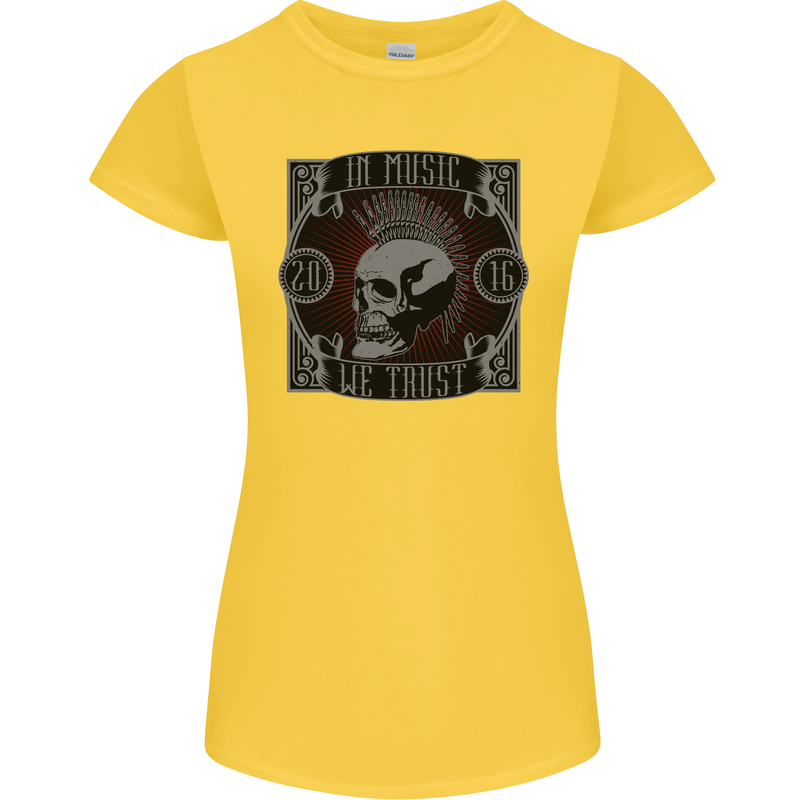 In Music We Trust Punk Rock Skull Womens Petite Cut T-Shirt Yellow