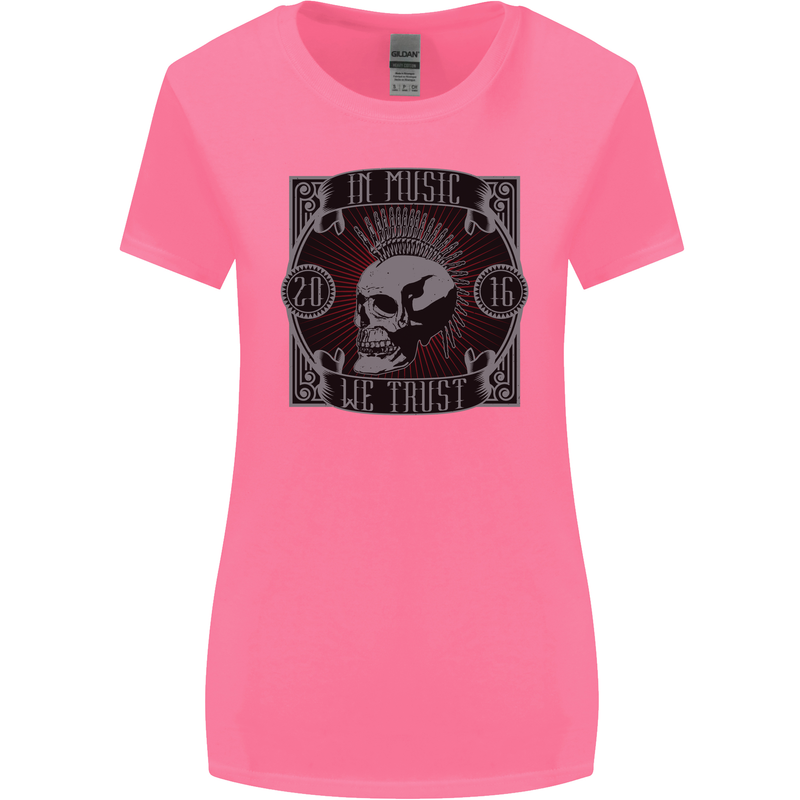 In Music We Trust Punk Rock Skull Womens Wider Cut T-Shirt Azalea