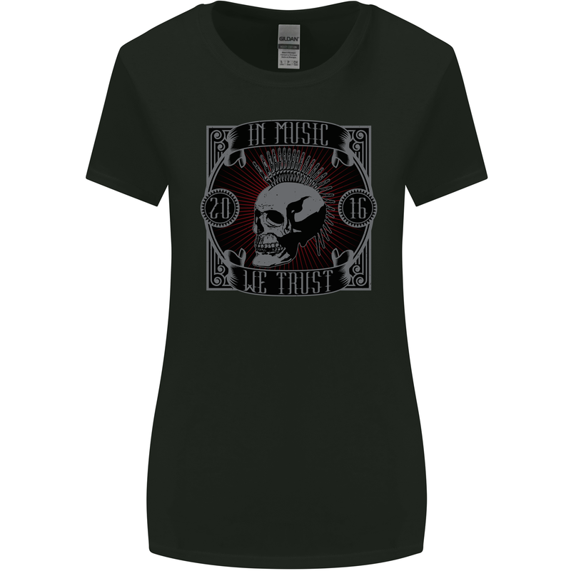 In Music We Trust Punk Rock Skull Womens Wider Cut T-Shirt Black
