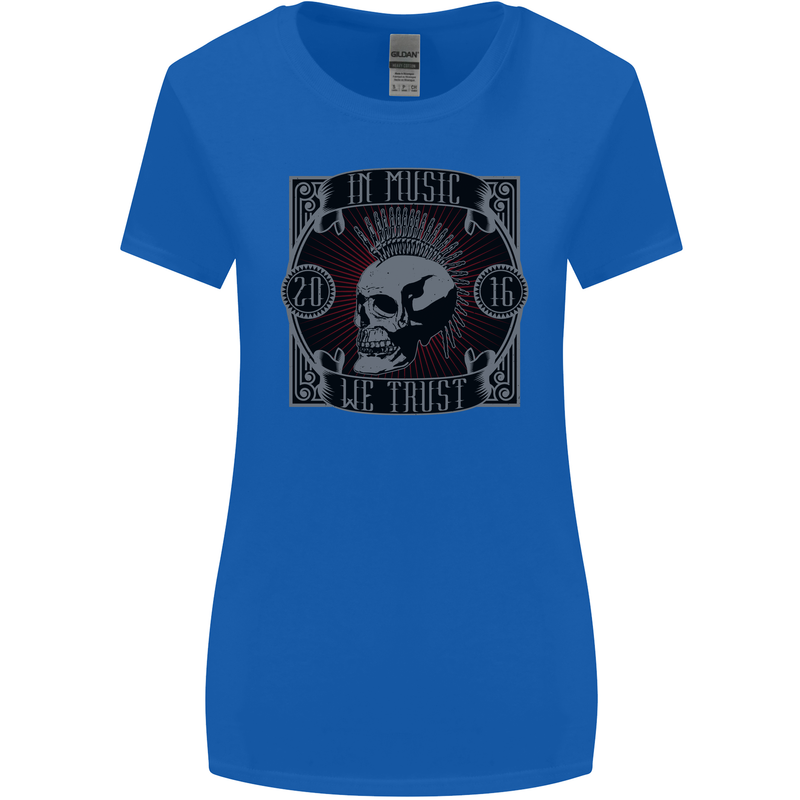 In Music We Trust Punk Rock Skull Womens Wider Cut T-Shirt Royal Blue