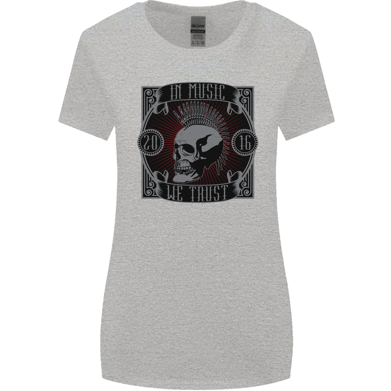 In Music We Trust Punk Rock Skull Womens Wider Cut T-Shirt Sports Grey