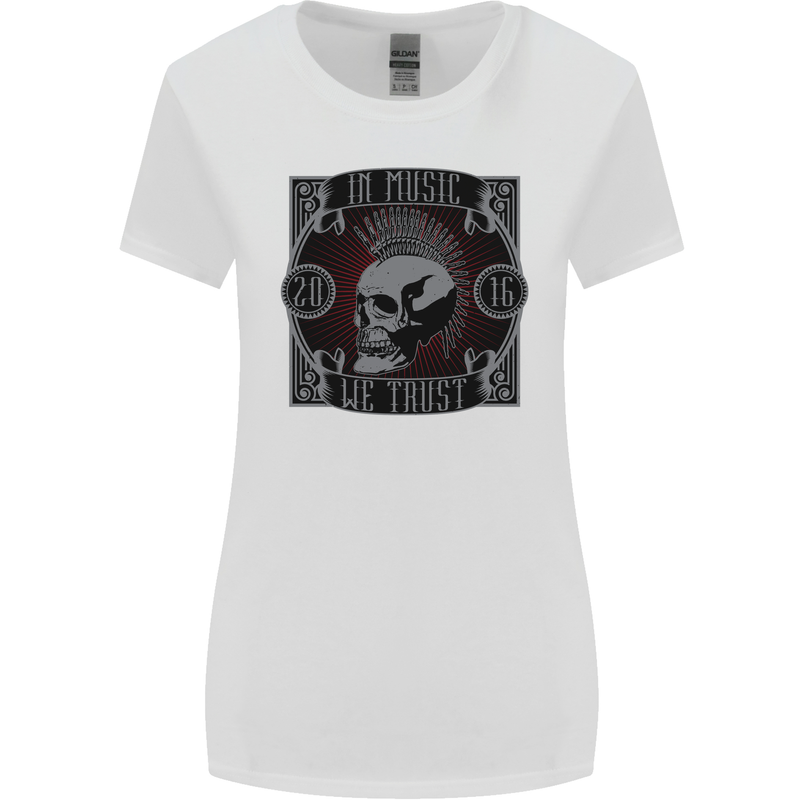 In Music We Trust Punk Rock Skull Womens Wider Cut T-Shirt White