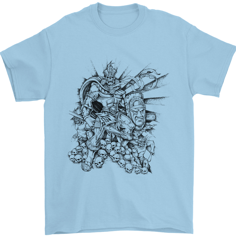 Inca Warrior Skull Gym Martial Arts MMA Axe Mens T-Shirt Cotton Gildan Light Blue
