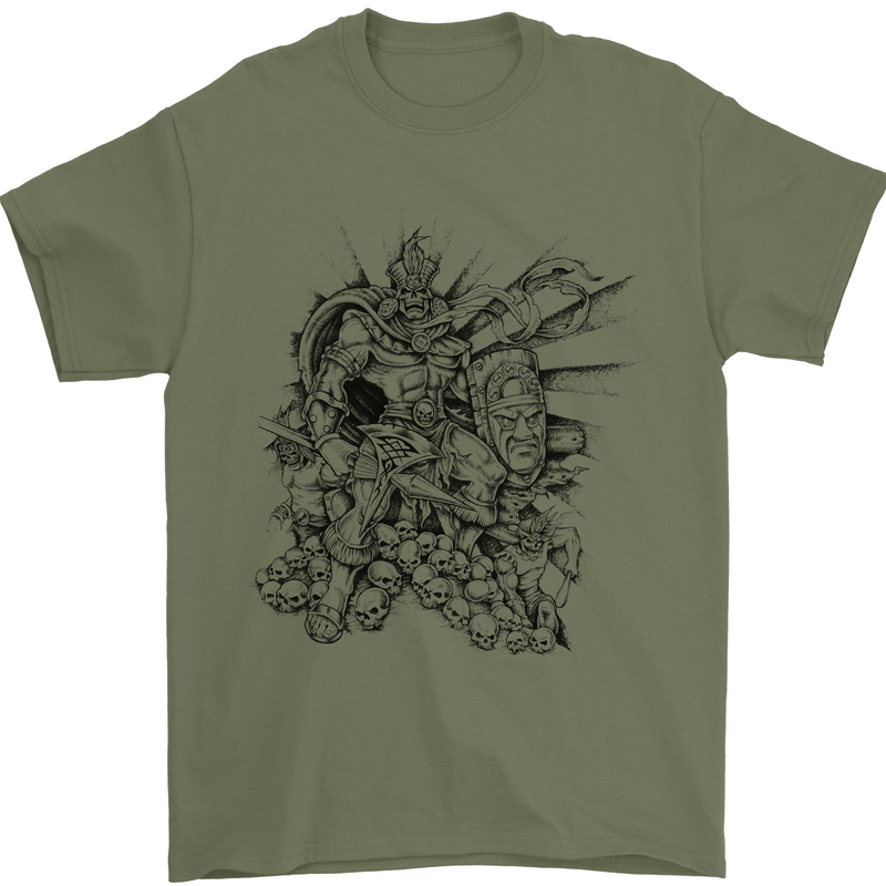 Inca Warrior Skull Gym Martial Arts MMA Axe Mens T-Shirt Cotton Gildan Military Green