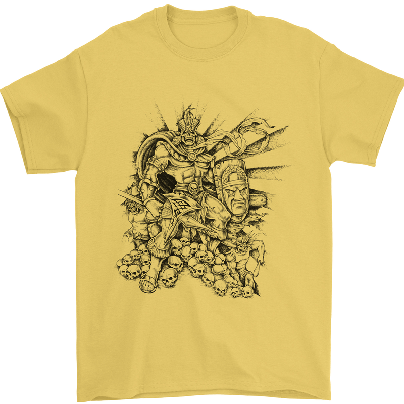 Inca Warrior Skull Gym Martial Arts MMA Axe Mens T-Shirt Cotton Gildan Yellow