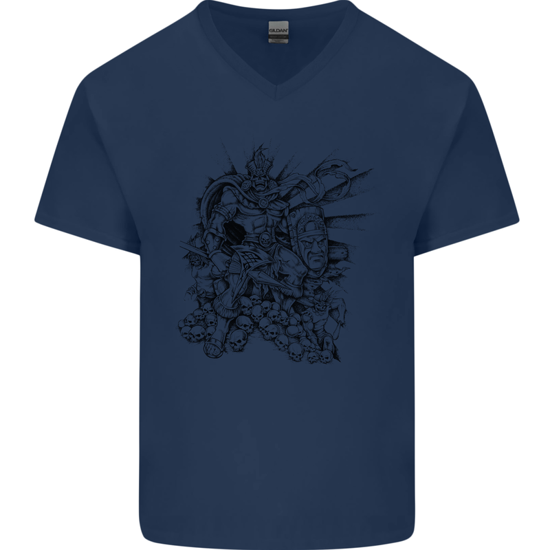 Inca Warrior Skull Gym Martial Arts MMA Axe Mens V-Neck Cotton T-Shirt Navy Blue