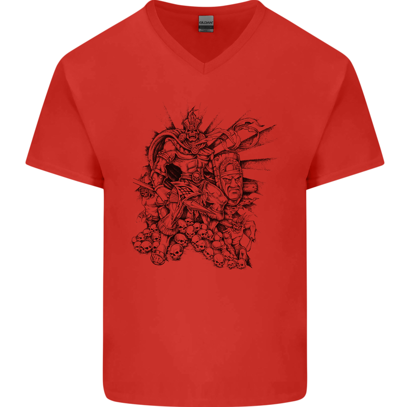 Inca Warrior Skull Gym Martial Arts MMA Axe Mens V-Neck Cotton T-Shirt Red