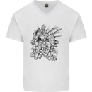 Inca Warrior Skull Gym Martial Arts MMA Axe Mens V-Neck Cotton T-Shirt White