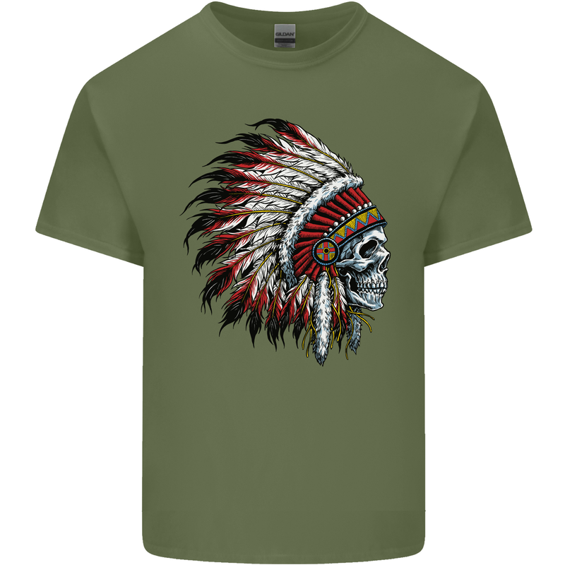 Indian Skull Headdress Biker Motorbike Mens Cotton T-Shirt Tee Top Military Green