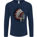 Indian Skull Headdress Biker Motorbike Mens Long Sleeve T-Shirt Navy Blue