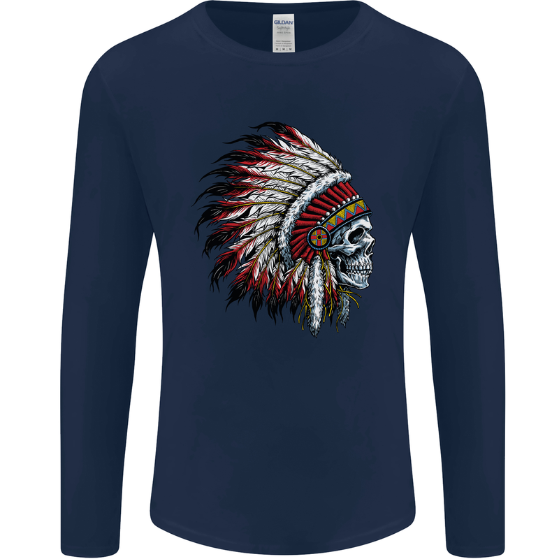 Indian Skull Headdress Biker Motorbike Mens Long Sleeve T-Shirt Navy Blue