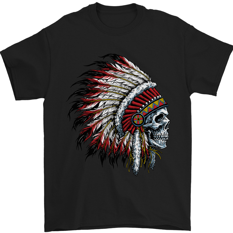 Indian Skull Headdress Biker Motorbike Mens T-Shirt Cotton Gildan Black