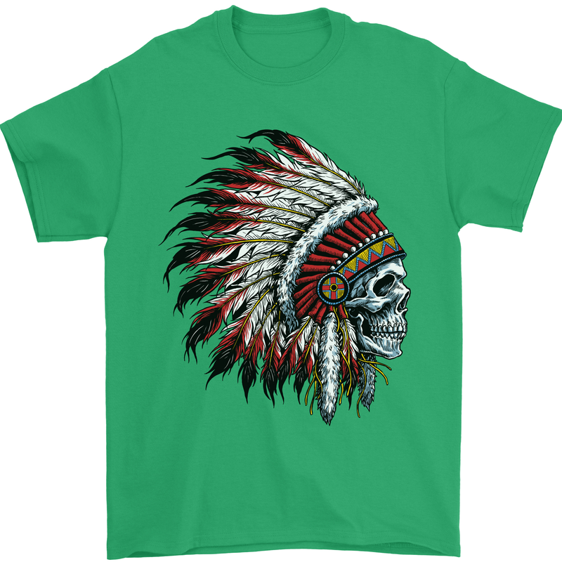 Indian Skull Headdress Biker Motorbike Mens T-Shirt Cotton Gildan Irish Green