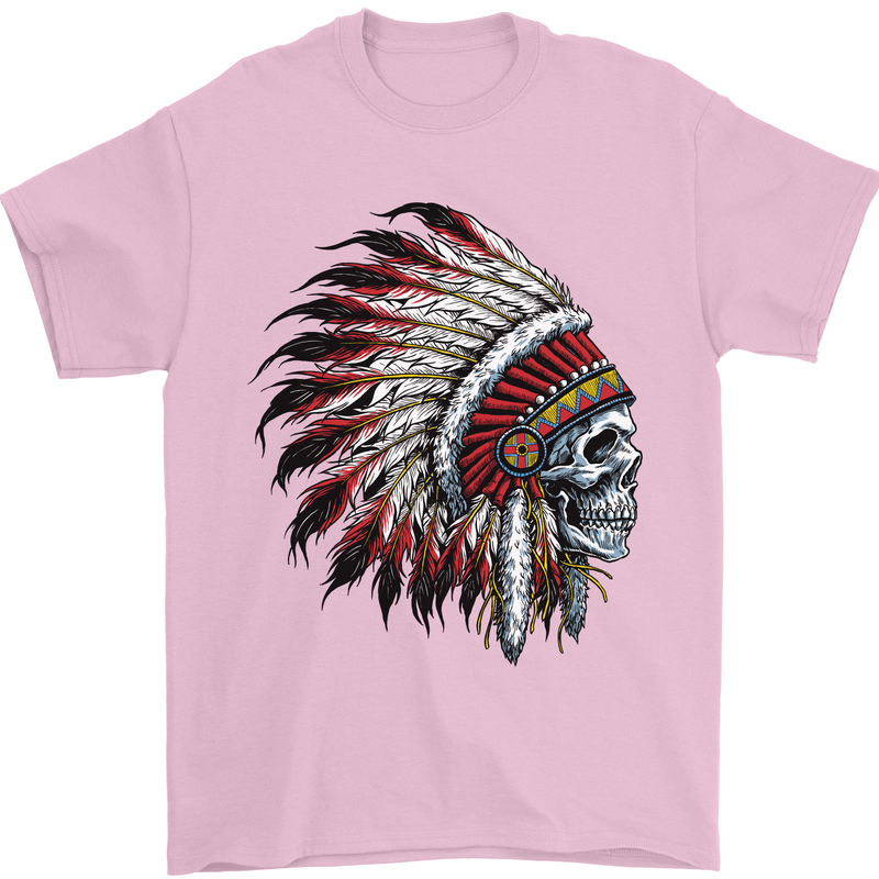 Indian Skull Headdress Biker Motorbike Mens T-Shirt Cotton Gildan Light Pink