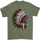 Indian Skull Headdress Biker Motorbike Mens T-Shirt Cotton Gildan Military Green