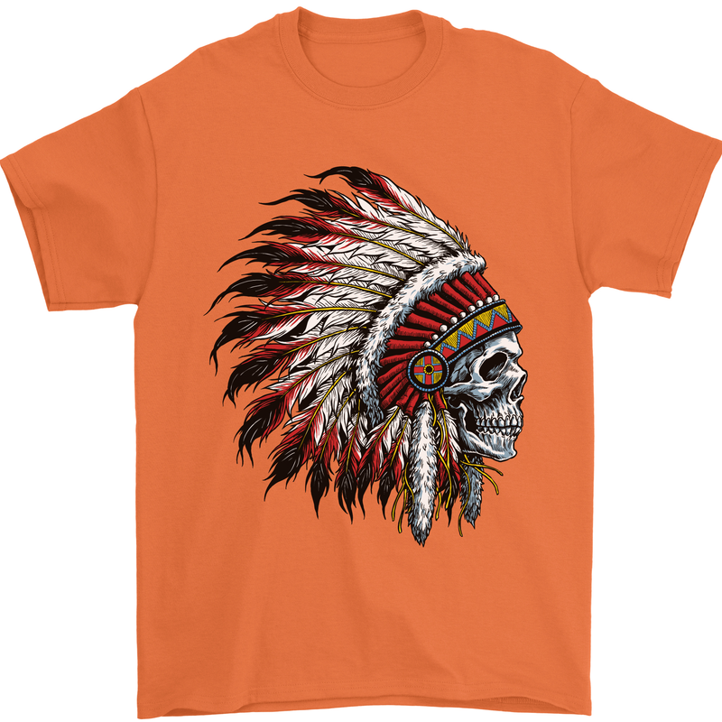 Indian Skull Headdress Biker Motorbike Mens T-Shirt Cotton Gildan Orange