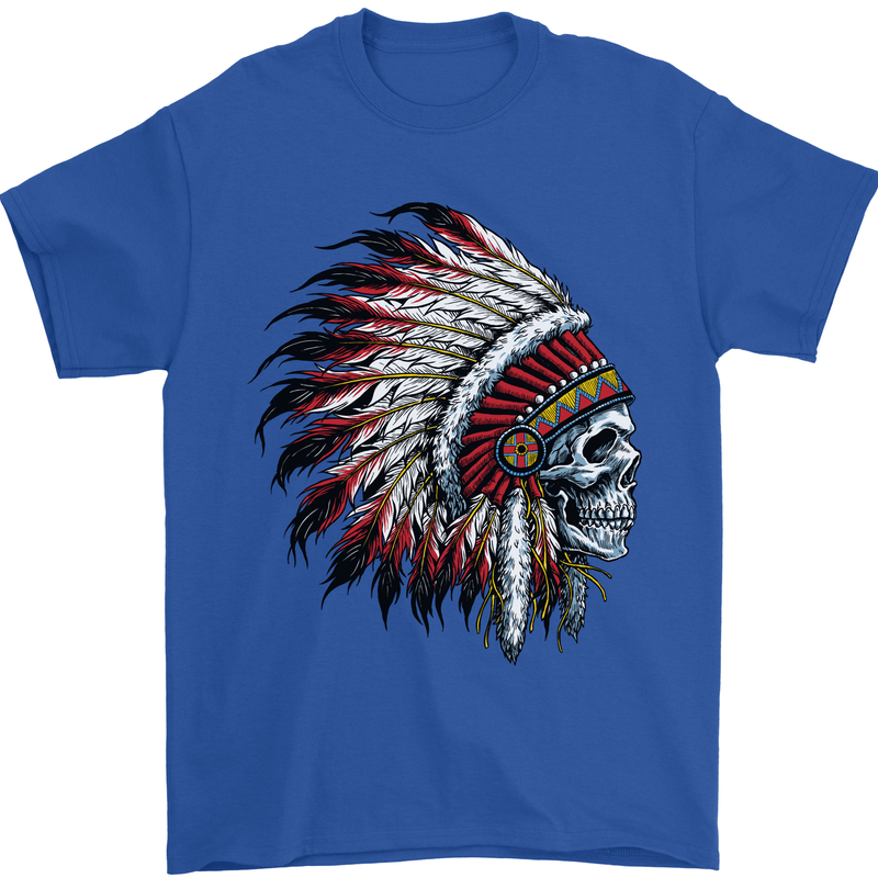Indian Skull Headdress Biker Motorbike Mens T-Shirt Cotton Gildan Royal Blue