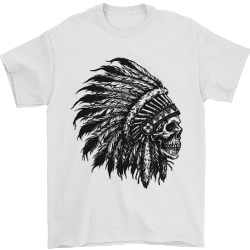Indian Skull Headdress Biker Motorbike Mens T-Shirt Cotton Gildan White