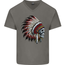 Indian Skull Headdress Biker Motorbike Mens V-Neck Cotton T-Shirt Charcoal