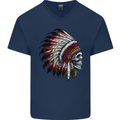 Indian Skull Headdress Biker Motorbike Mens V-Neck Cotton T-Shirt Navy Blue