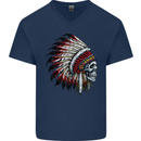 Indian Skull Headdress Biker Motorbike Mens V-Neck Cotton T-Shirt Navy Blue